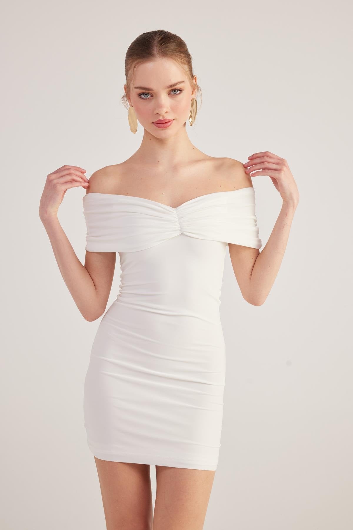 Muse White Bardot Neck Mini Dress-Bodycon Dresses-Buy Me Fur Ltd-White-XS-Polyester - Elastane Blend-Urbanheer