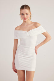 Muse White Bardot Neck Mini Dress-Bodycon Dresses-Buy Me Fur Ltd-White-XS-Polyester - Elastane Blend-Urbanheer