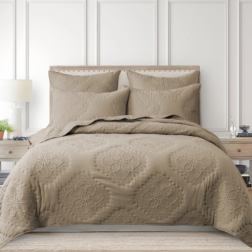 Muslin Stitch Quilt Set Taupe-Set-Levtex Home-Twin/Twin XL-Taupe-Urbanheer