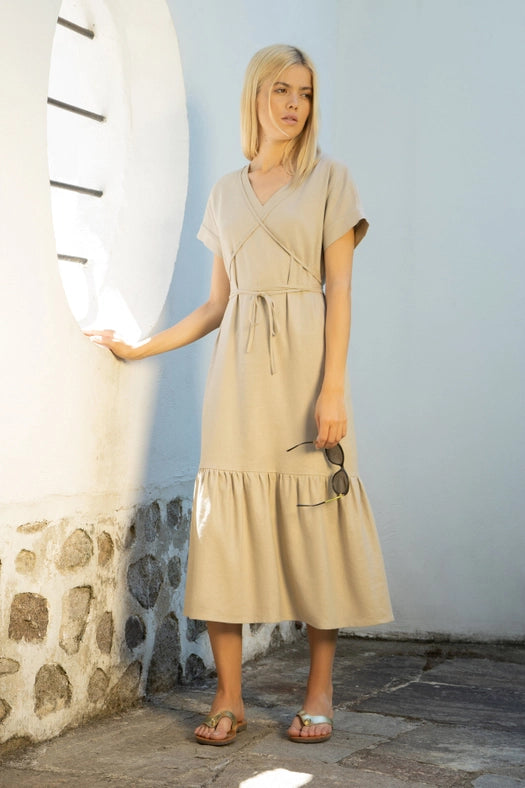 Mykonos Linen Midi Dress with A Low Tiered Hem with Belt-Dress-Truly Linen-XS-sand-Urbanheer