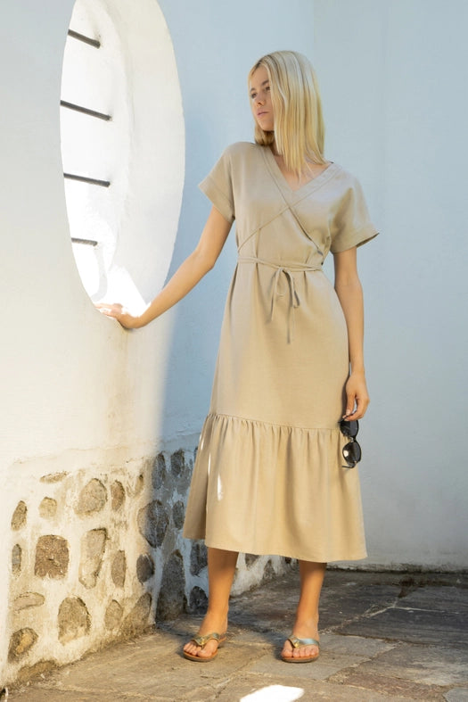 Mykonos Linen Midi Dress with A Low Tiered Hem with Belt-Dress-Truly Linen-XS-sand-Urbanheer