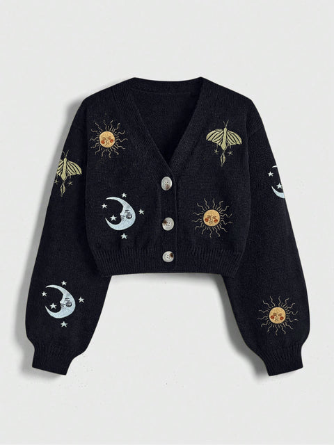 Mysterious Universe Sun & Moon Embroidered Cropped Cardigan