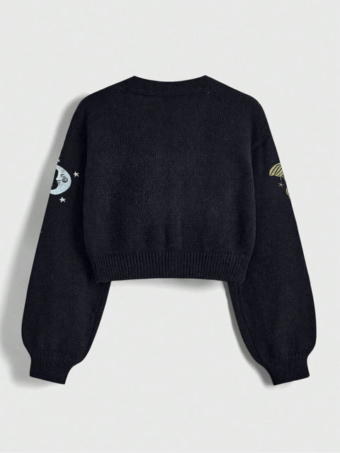 Mysterious Universe Sun & Moon Embroidered Cropped Cardigan