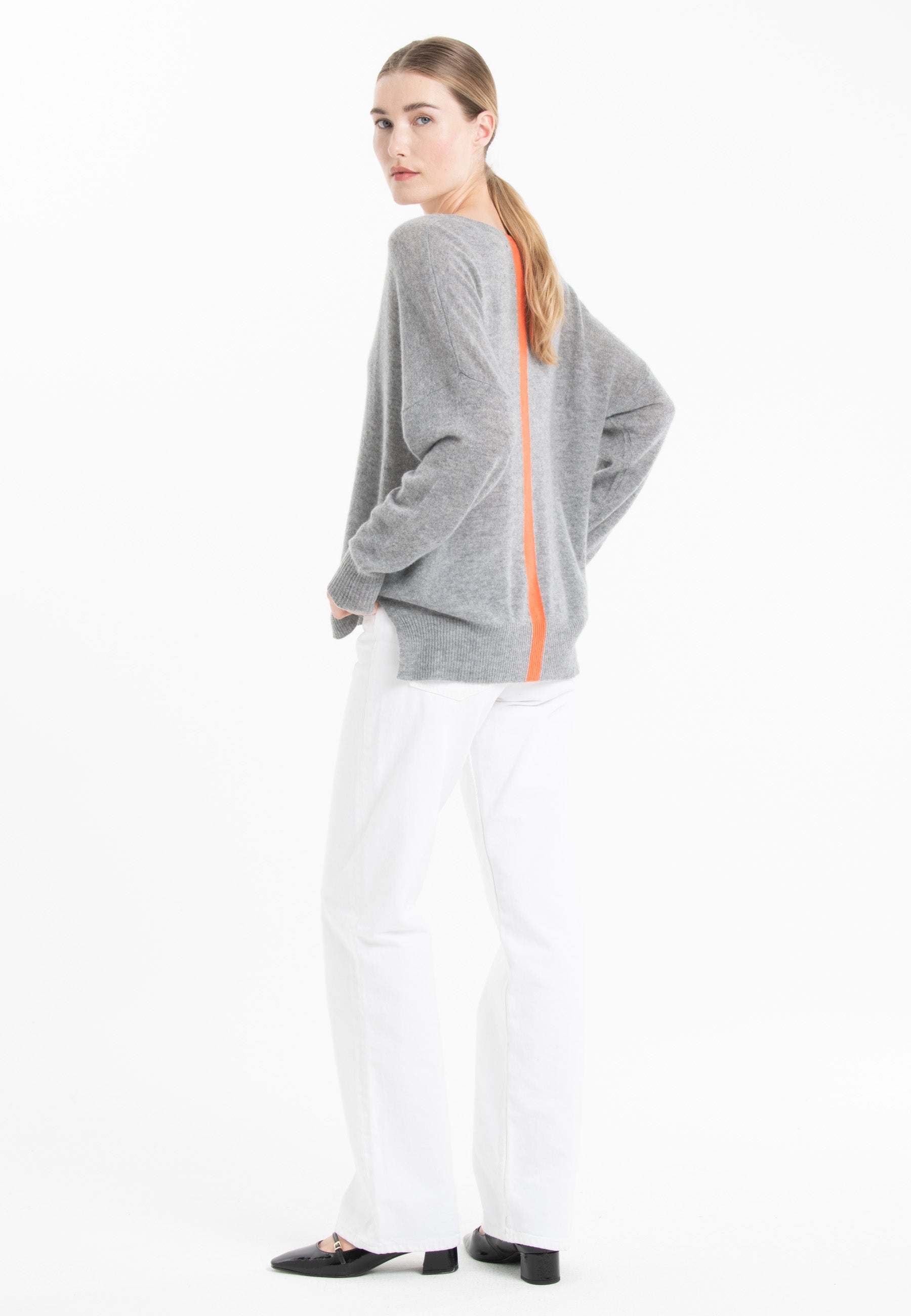 NAMI 23 Pull col V en cachemire avec bande couleur gris/mandarine-col v femme-Studio Cashmere8-L-XL-SC8-00910-gris clair/mandarine-Urbanheer