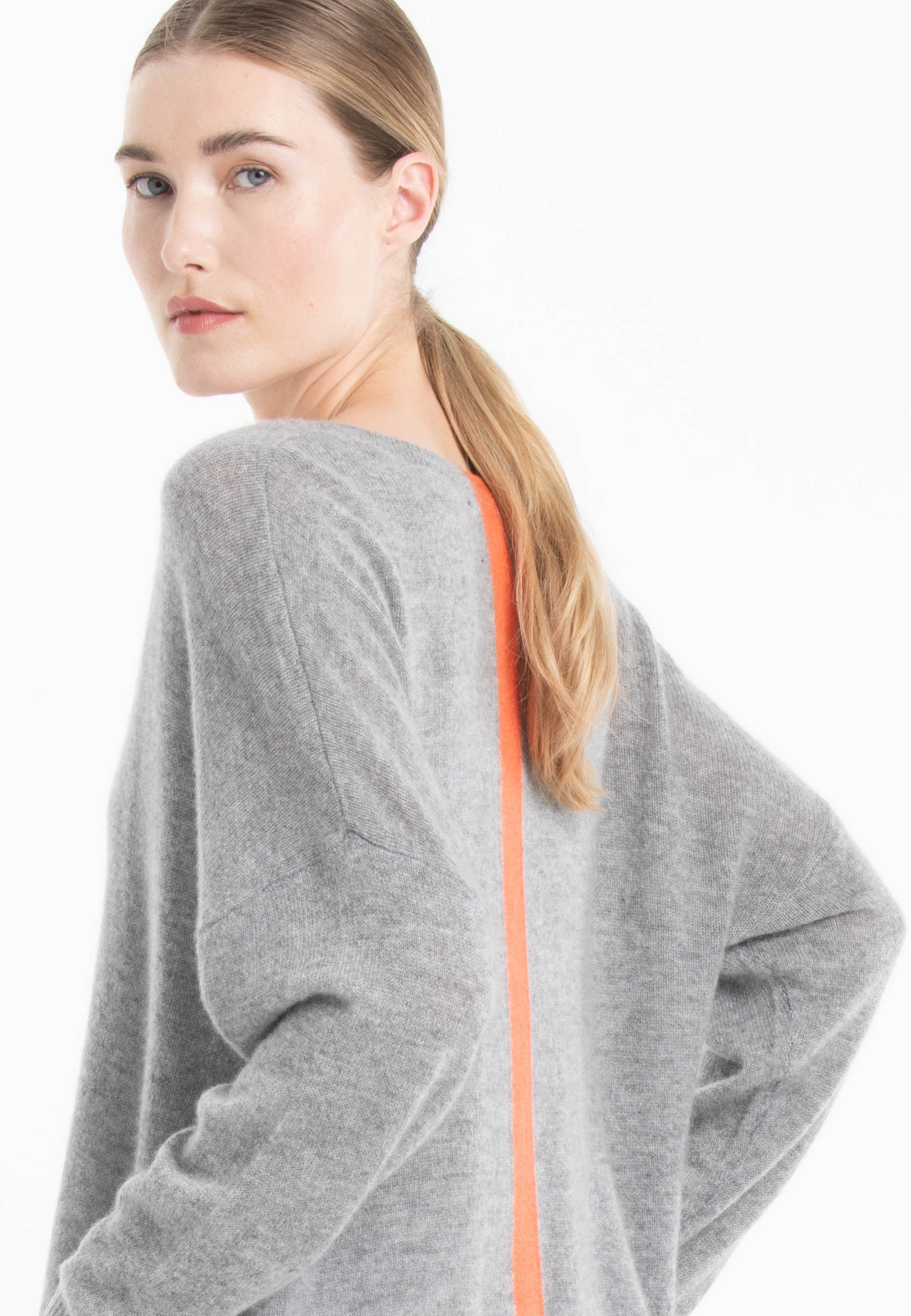 NAMI 23 Pull col V en cachemire avec bande couleur gris/mandarine-col v femme-Studio Cashmere8-L-XL-SC8-00910-gris clair/mandarine-Urbanheer