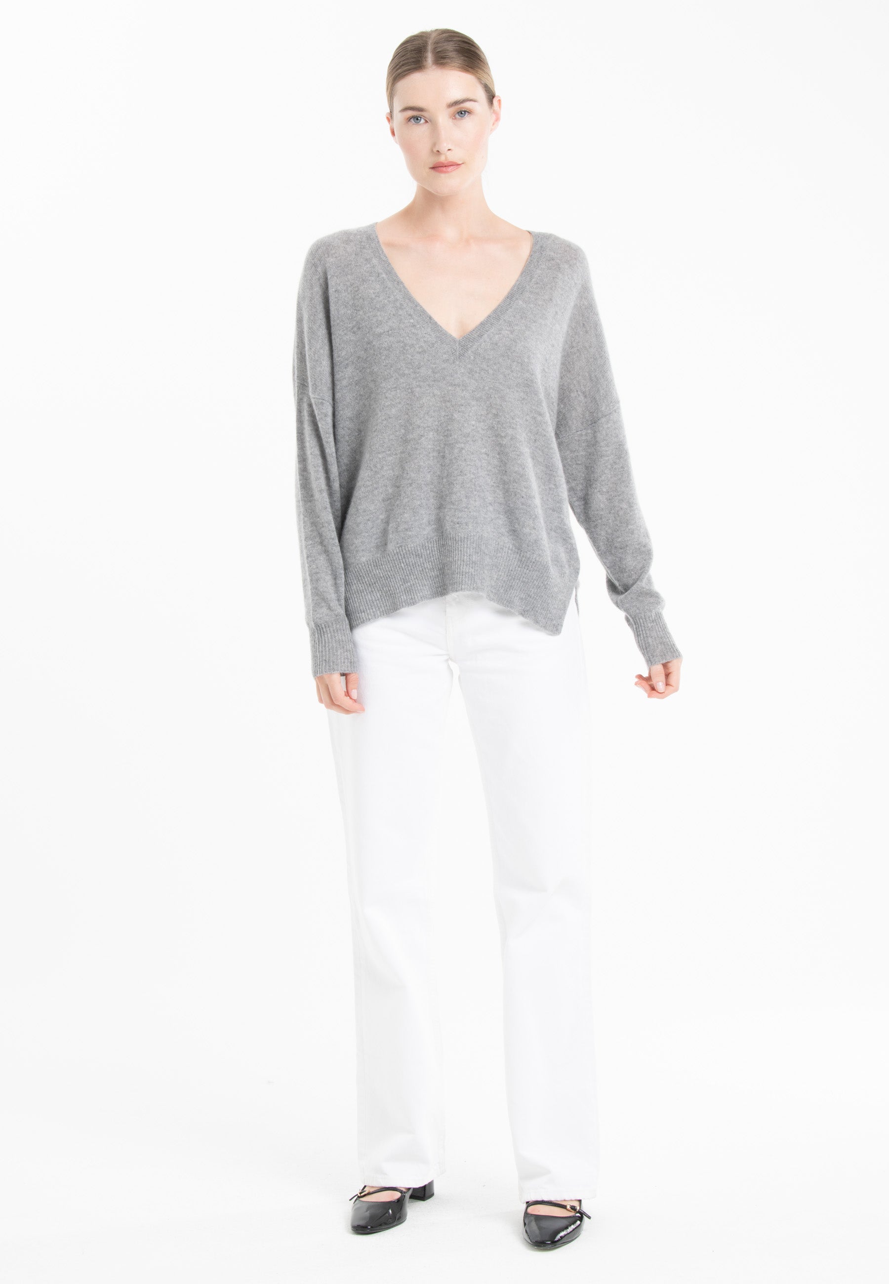 NAMI 23 Pull col V en cachemire avec bande couleur gris/mandarine-col v femme-Studio Cashmere8-L-XL-SC8-00910-gris clair/mandarine-Urbanheer