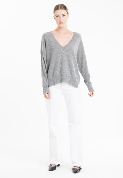 NAMI 23 Pull col V en cachemire avec bande couleur gris/mandarine-col v femme-Studio Cashmere8-L-XL-SC8-00910-gris clair/mandarine-Urbanheer
