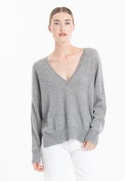 NAMI 23 Pull col V en cachemire avec bande couleur gris/mandarine-col v femme-Studio Cashmere8-L-XL-SC8-00910-gris clair/mandarine-Urbanheer