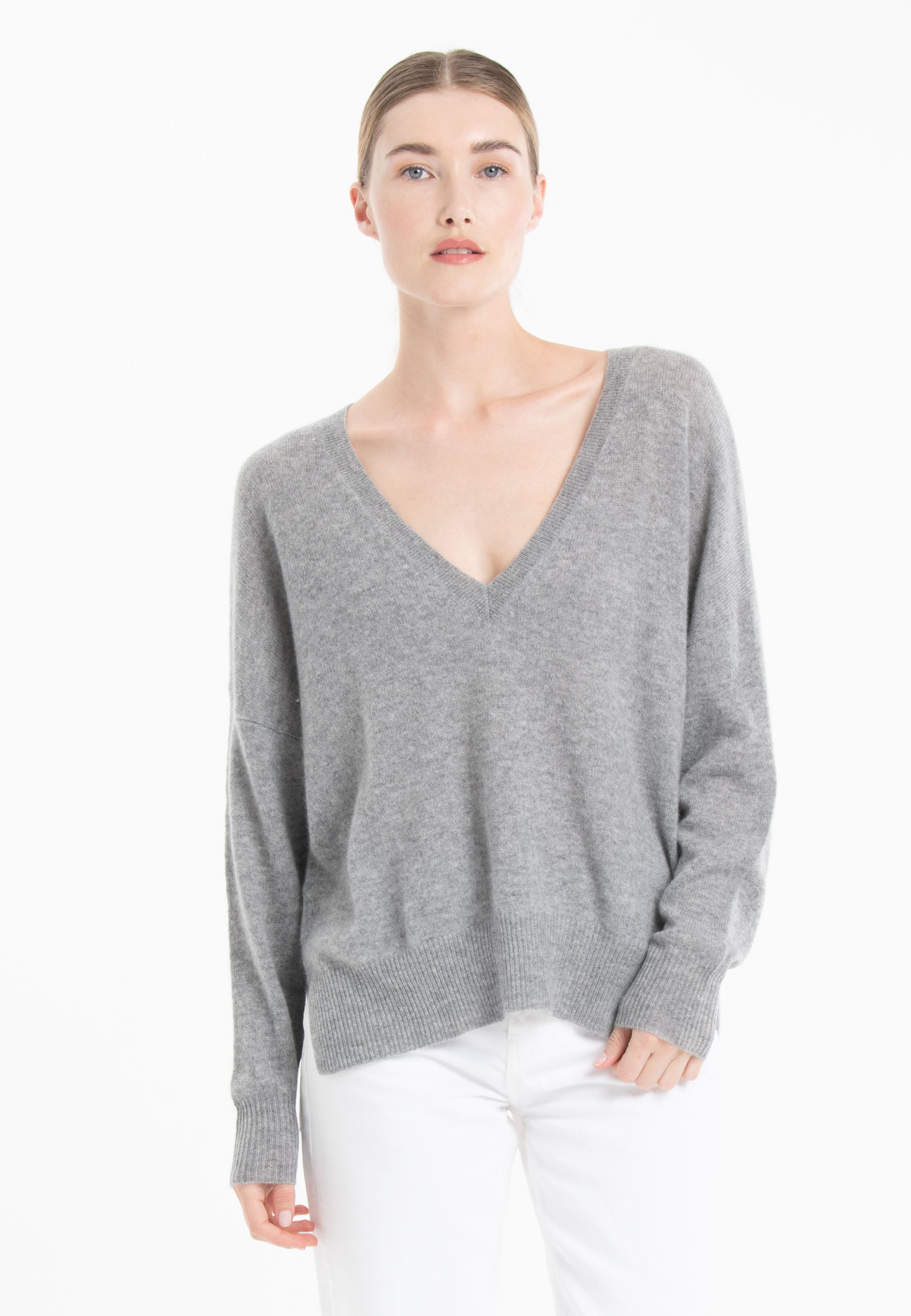 NAMI 23 Pull col V en cachemire avec bande couleur gris/mandarine-col v femme-Studio Cashmere8-L-XL-SC8-00910-gris clair/mandarine-Urbanheer