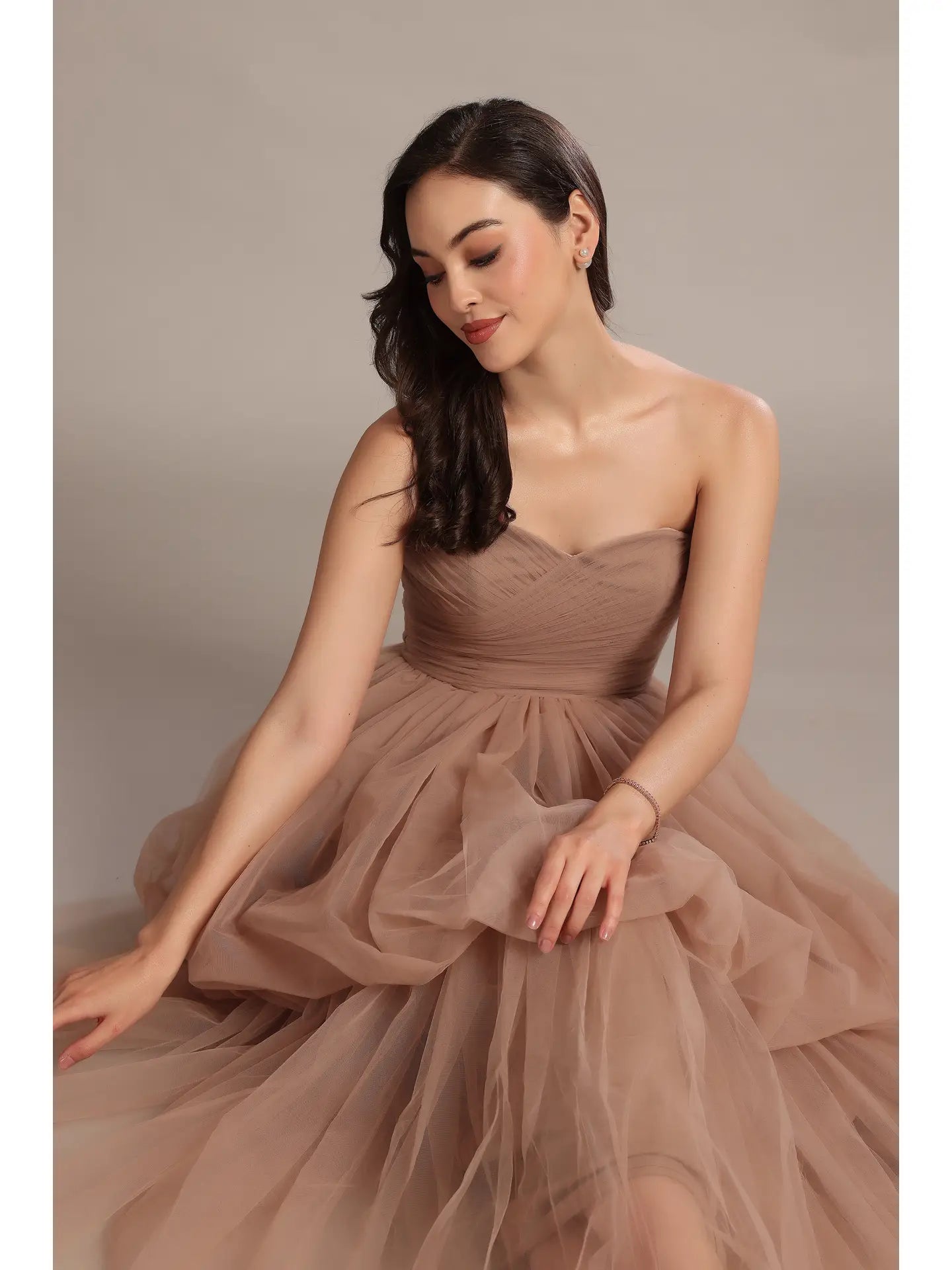 Nala Strapless Maxi Dress in Taupe from Lace & Beads exclusive at Urbanheer Nala Strapless Maxi Dress in Taupe from Lace & Beads exclusive at Urbanheer