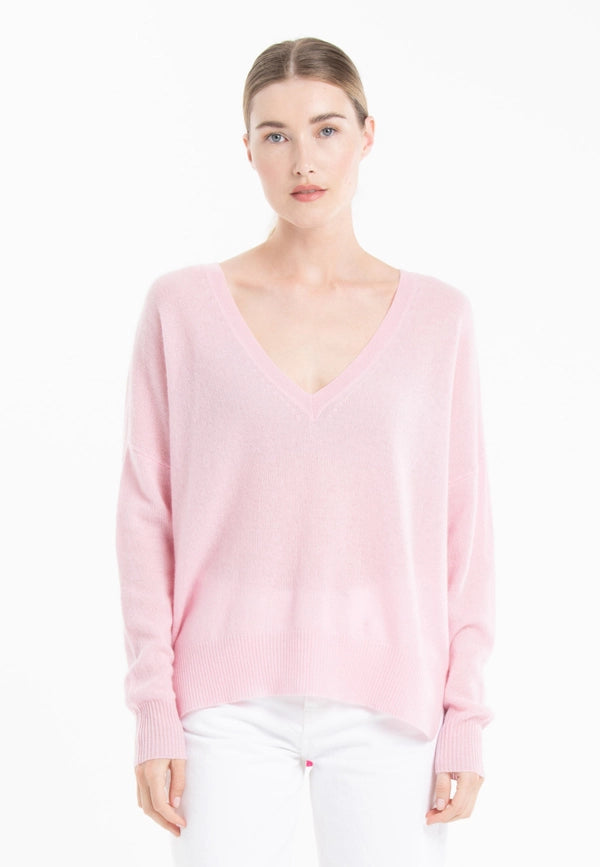 Nami 23 V-Neck Cashmere Sweater with Pink Band-Sweater-STUDIO CASHMERE8-S/M-baby pink/Indian pink-Urbanheer