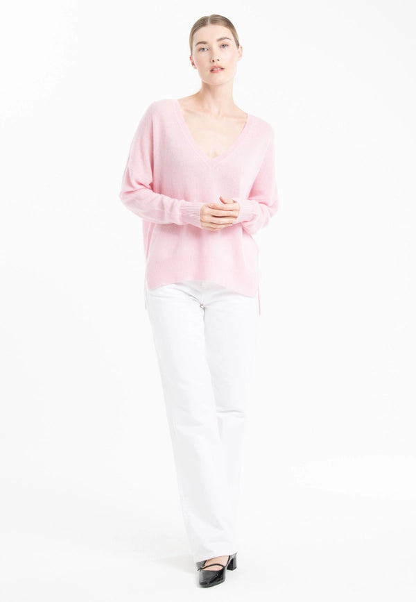 Nami 23 V-Neck Cashmere Sweater with Pink Band-Sweater-STUDIO CASHMERE8-S/M-baby pink/Indian pink-Urbanheer