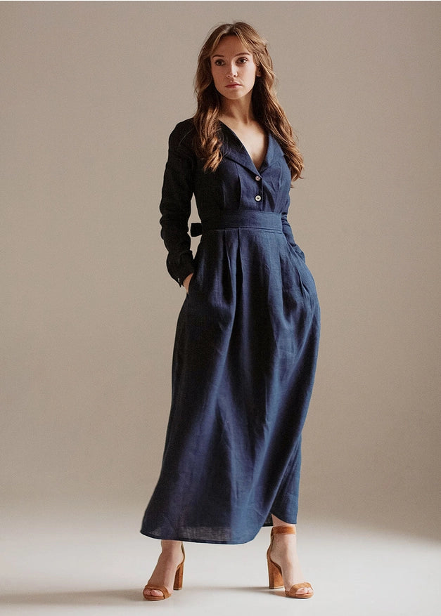 Navy Blue Linen Dress Maxi With Front Buttons And Collar-Dress-Nich Linen-M-Urbanheer