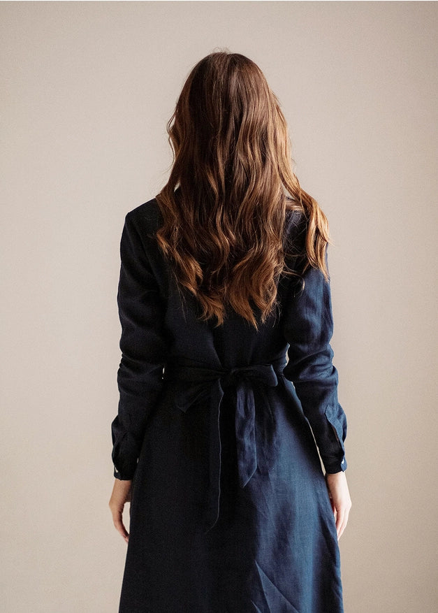 Navy Blue Linen Dress Maxi With Front Buttons And Collar-Dress-Nich Linen-M-Urbanheer