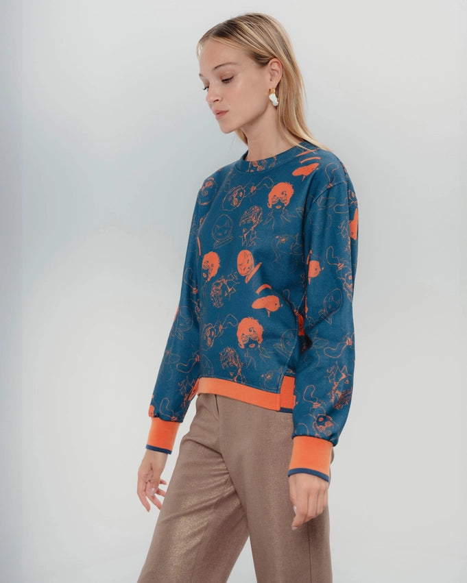 Navy Blue Orange Sweatshirt-Sweatshirt-Dolores Promesas-XS-Urbanheer