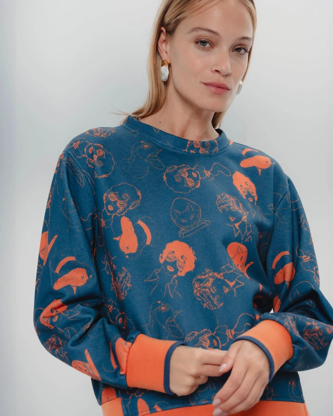 Navy Blue Orange Sweatshirt-Sweatshirt-Dolores Promesas-XS-Urbanheer