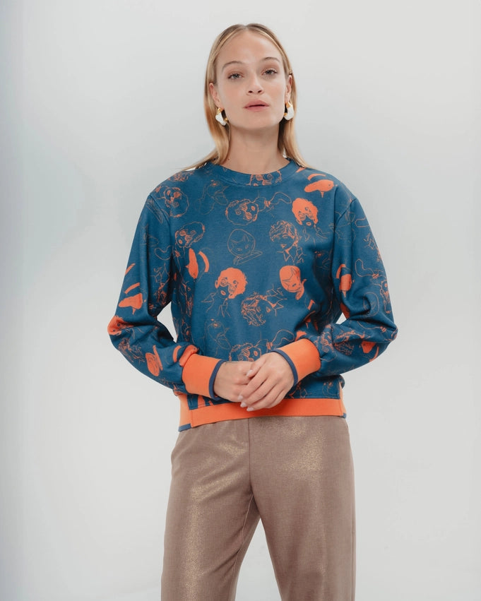 Navy Blue Orange Sweatshirt-Sweatshirt-Dolores Promesas-XS-Urbanheer