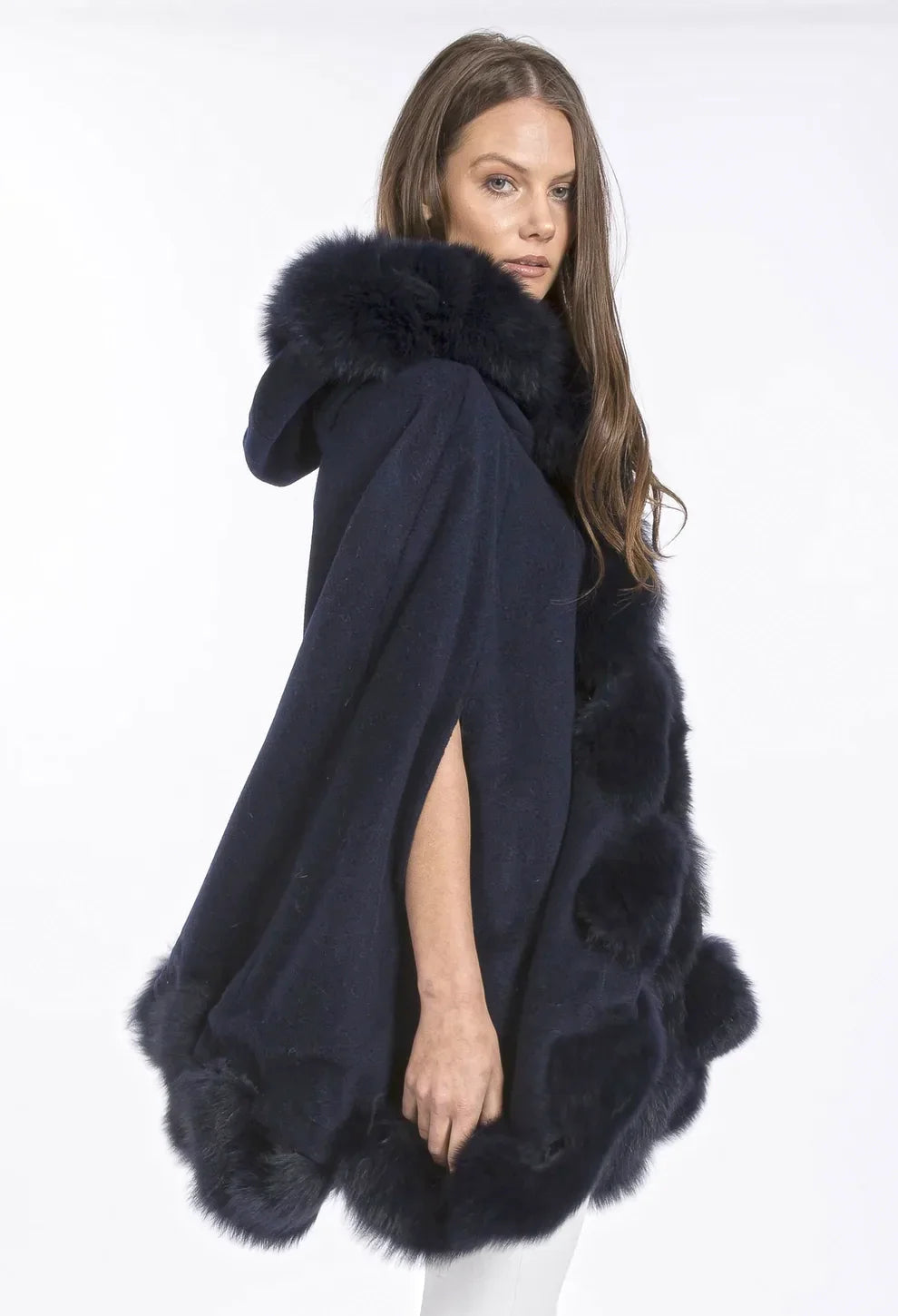 Navy Cashmere Hooded and Fox Fur Cape Coat-Ponchos & Capes-Buy Me Fur Ltd-One Size-Navy-Genuine Fox Fur - Cashmere-Urbanheer