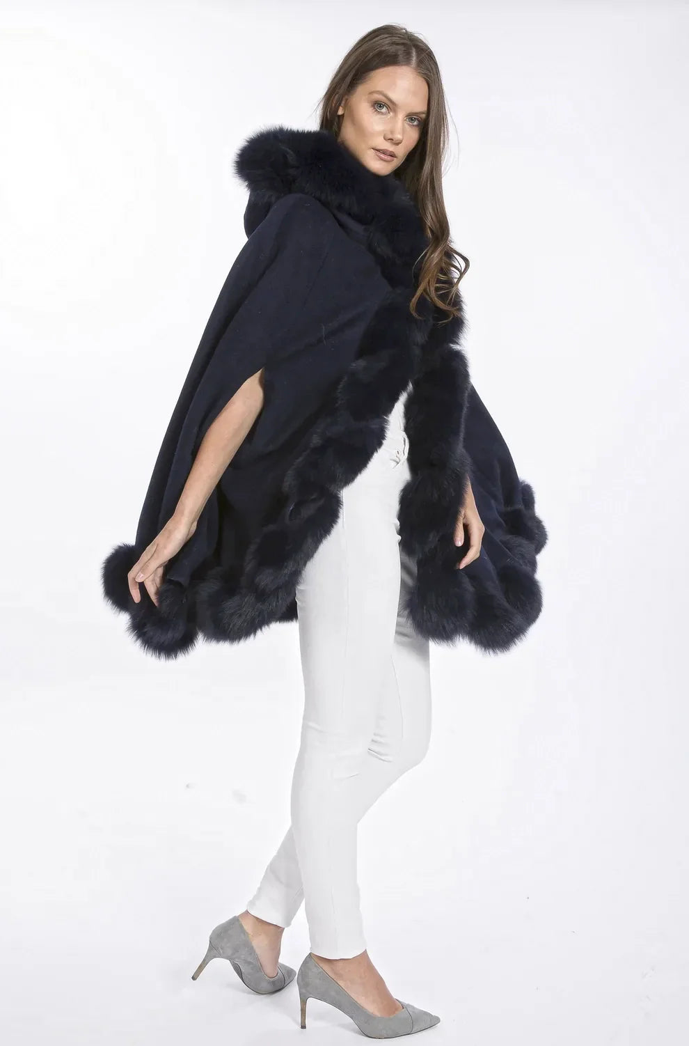 Navy Cashmere Hooded and Fox Fur Cape Coat-Ponchos & Capes-Buy Me Fur Ltd-One Size-Navy-Genuine Fox Fur - Cashmere-Urbanheer