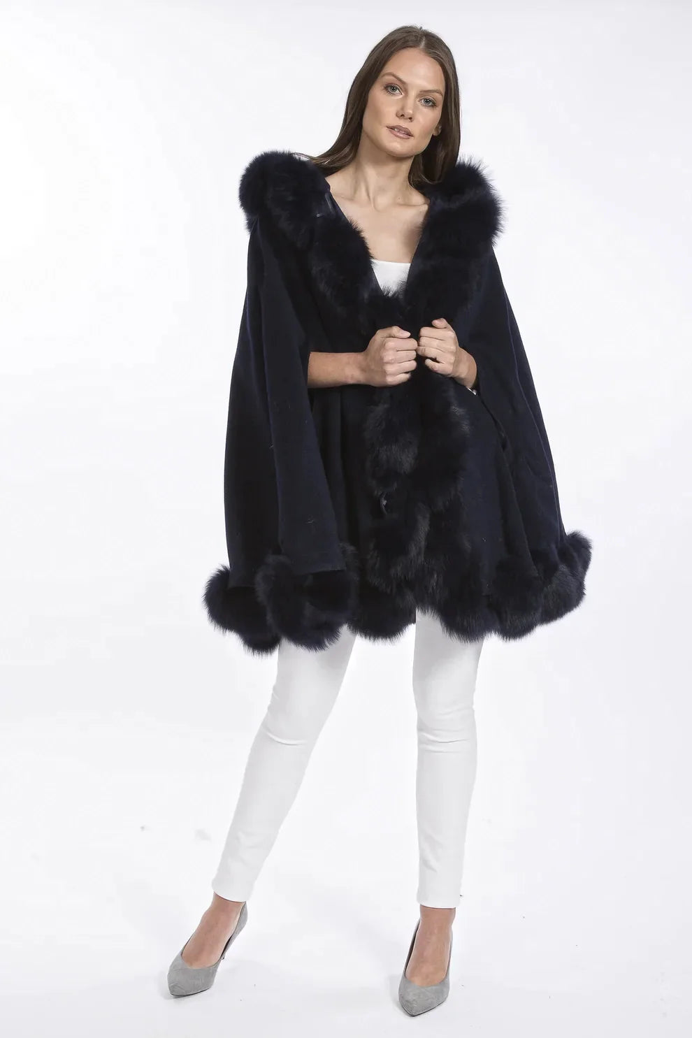 Navy Cashmere Hooded and Fox Fur Cape Coat-Ponchos & Capes-Buy Me Fur Ltd-One Size-Navy-Genuine Fox Fur - Cashmere-Urbanheer