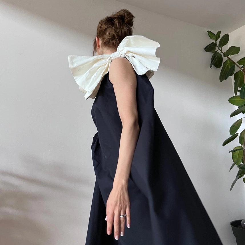 Navy Cloche Dress with One Shoulder White Bow-Dress-London Atelier Byproduct-XS/S-Urbanheer
