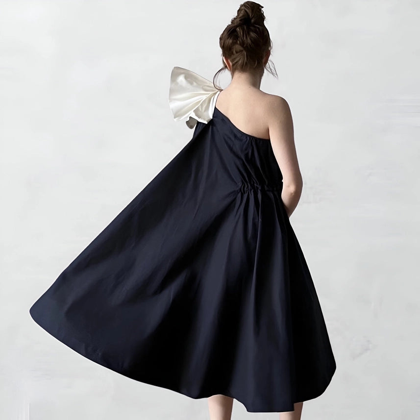Navy Cloche Dress with One Shoulder White Bow-Dress-London Atelier Byproduct-XS/S-Urbanheer