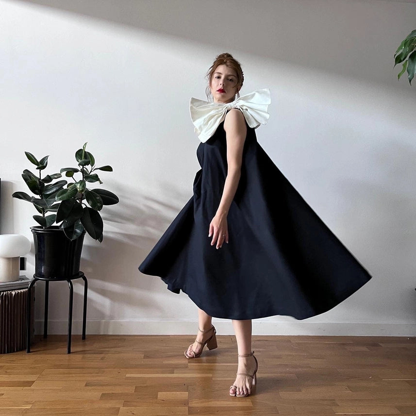 Navy Cloche Dress with One Shoulder White Bow-Dress-London Atelier Byproduct-XS/S-Urbanheer