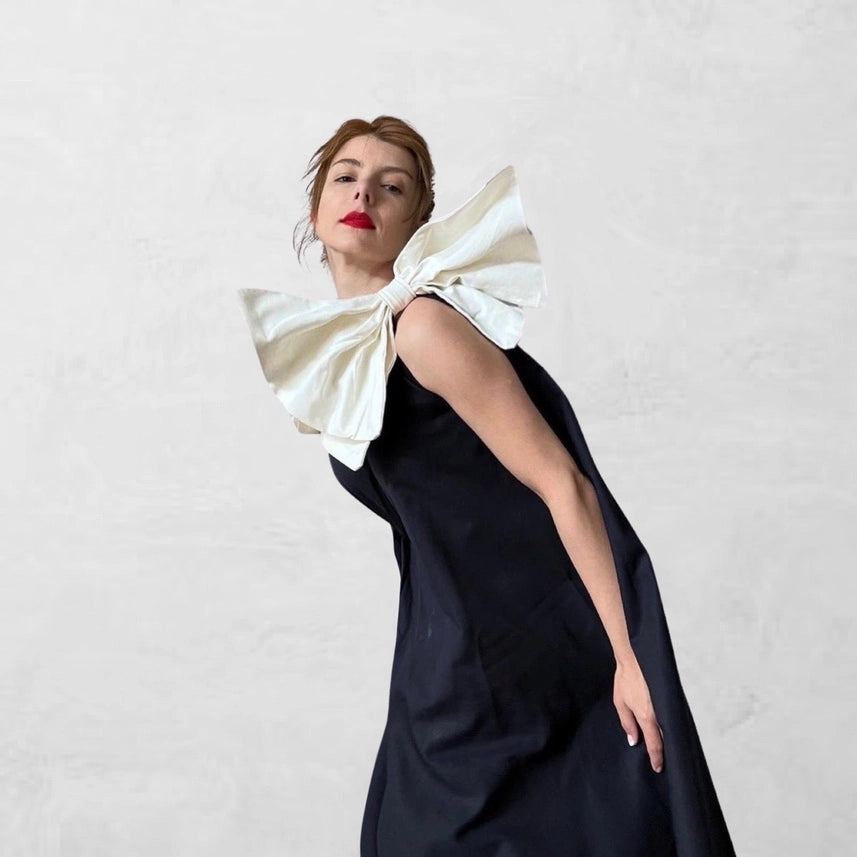 Navy Cloche Dress with One Shoulder White Bow-Dress-London Atelier Byproduct-XS/S-Urbanheer