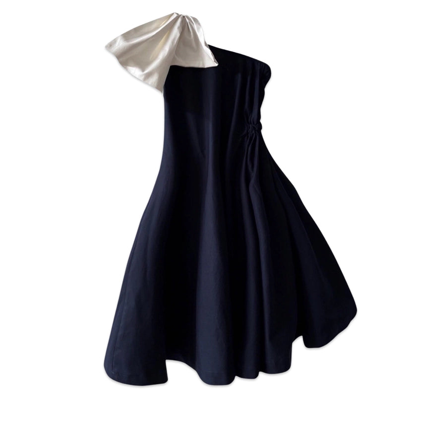 Navy Cloche Dress with One Shoulder White Bow-Dress-London Atelier Byproduct-XS/S-Urbanheer
