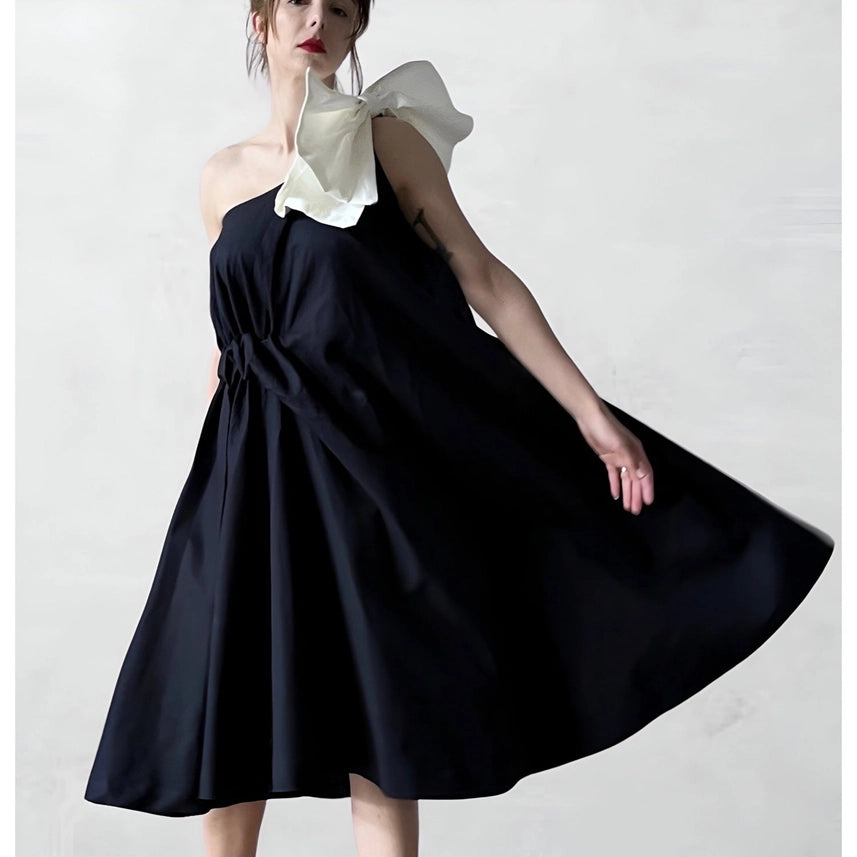 Navy Cloche Dress with One Shoulder White Bow-Dress-London Atelier Byproduct-XS/S-Urbanheer