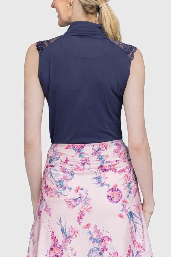 Navy Lace Shoulder 1/4 Zip Sleeveless Top-Top-Kastel Denmark-XXS-Urbanheer