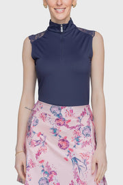 Navy Lace Shoulder 1/4 Zip Sleeveless Top-Top-Kastel Denmark-XXS-Urbanheer