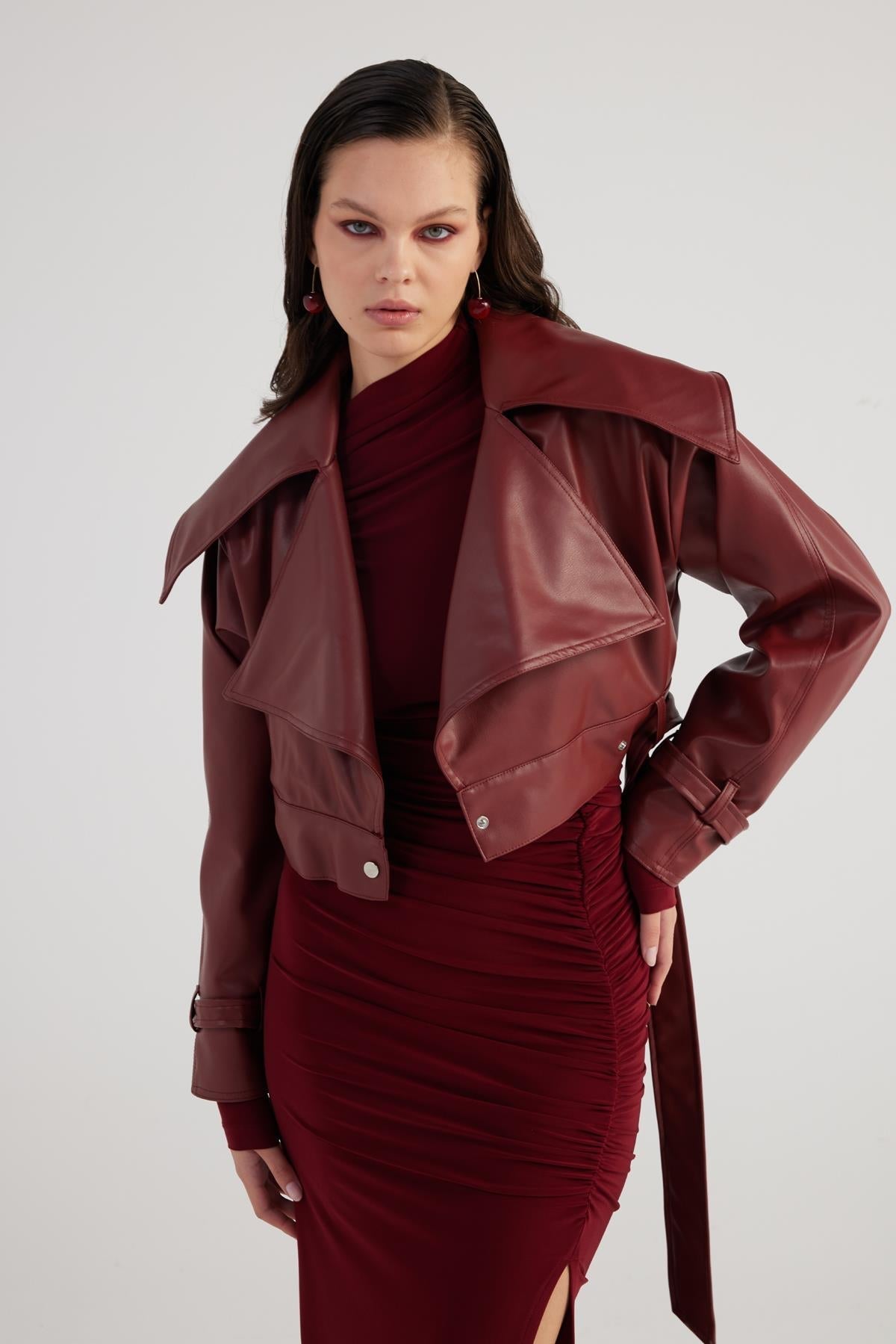 Neeko Burgundy Faux Leather Cropped Jacket-Jackets & Blazers-Buy Me Fur Ltd-Burgundy-XS-Faux Leather-Urbanheer