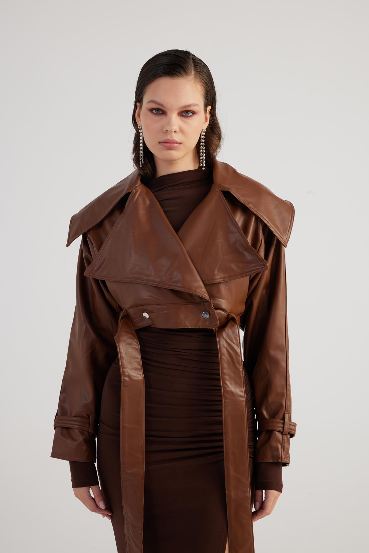 Neeko Chocolate Faux Leather Cropped Jacket-Jackets & Blazers-Buy Me Fur Ltd-Chocolate-XS-Faux Leather-Urbanheer