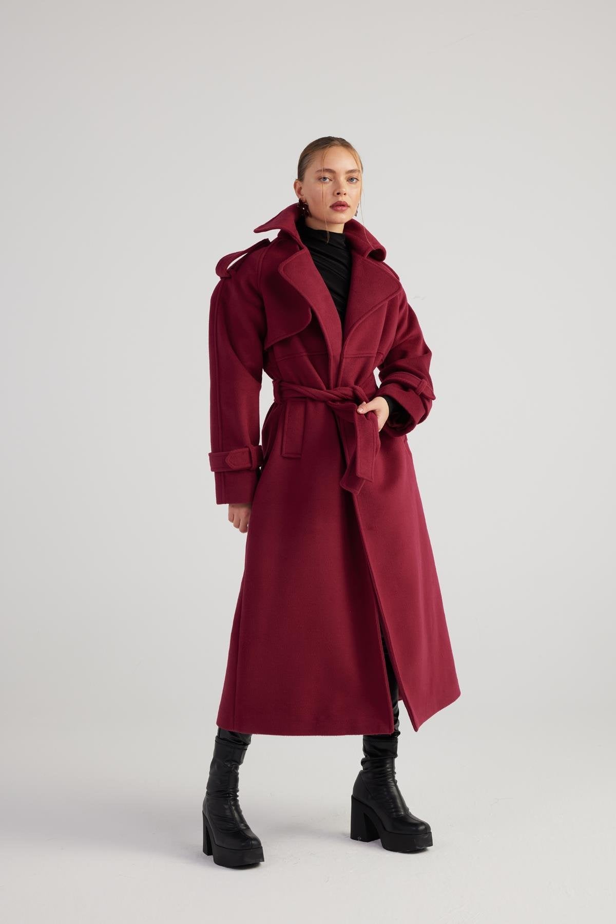 Nora Burgundy Cashmere Blend Maxi Coat-Trench Coats-Buy Me Fur Ltd-Burgundy-M-Polyester - Rayon Blend-Urbanheer