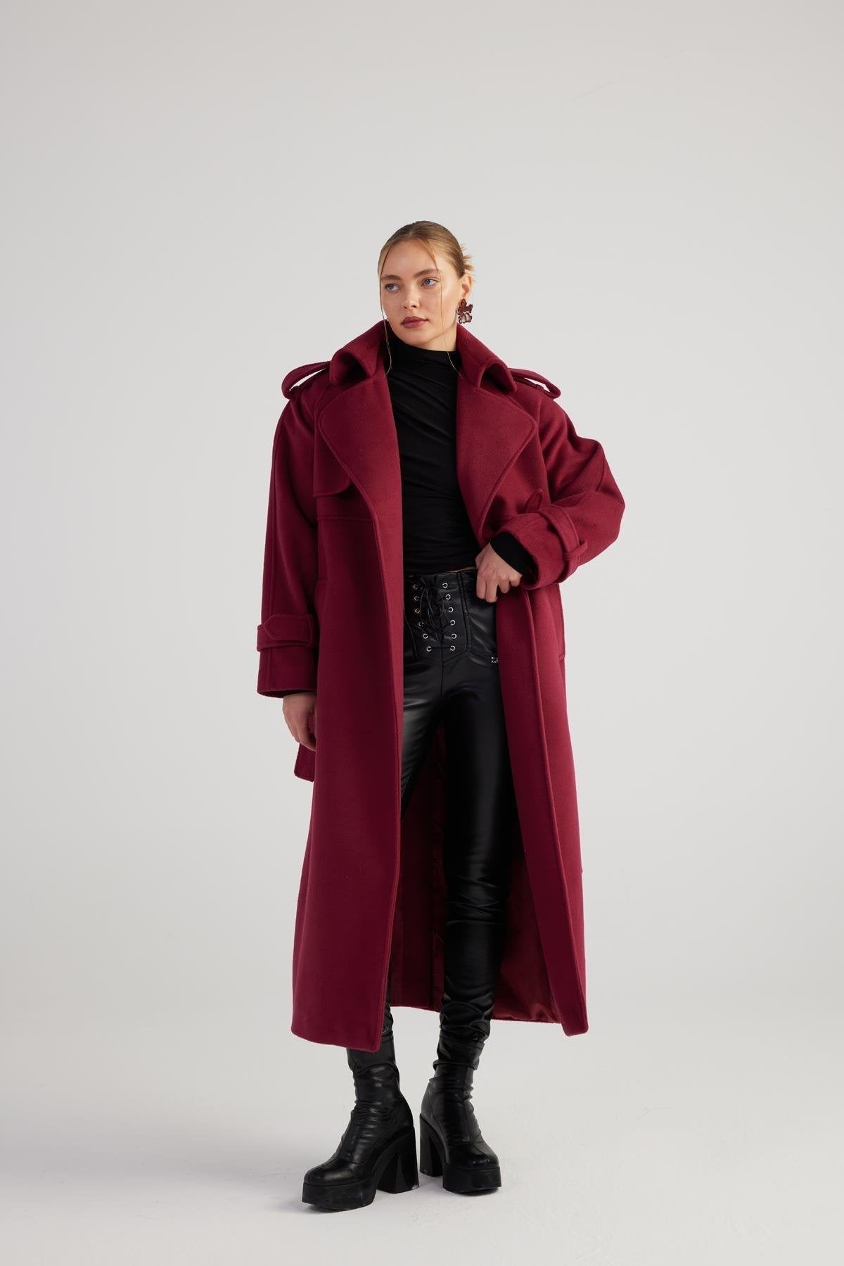 Nora Burgundy Cashmere Blend Maxi Coat-Trench Coats-Buy Me Fur Ltd-Burgundy-M-Polyester - Rayon Blend-Urbanheer