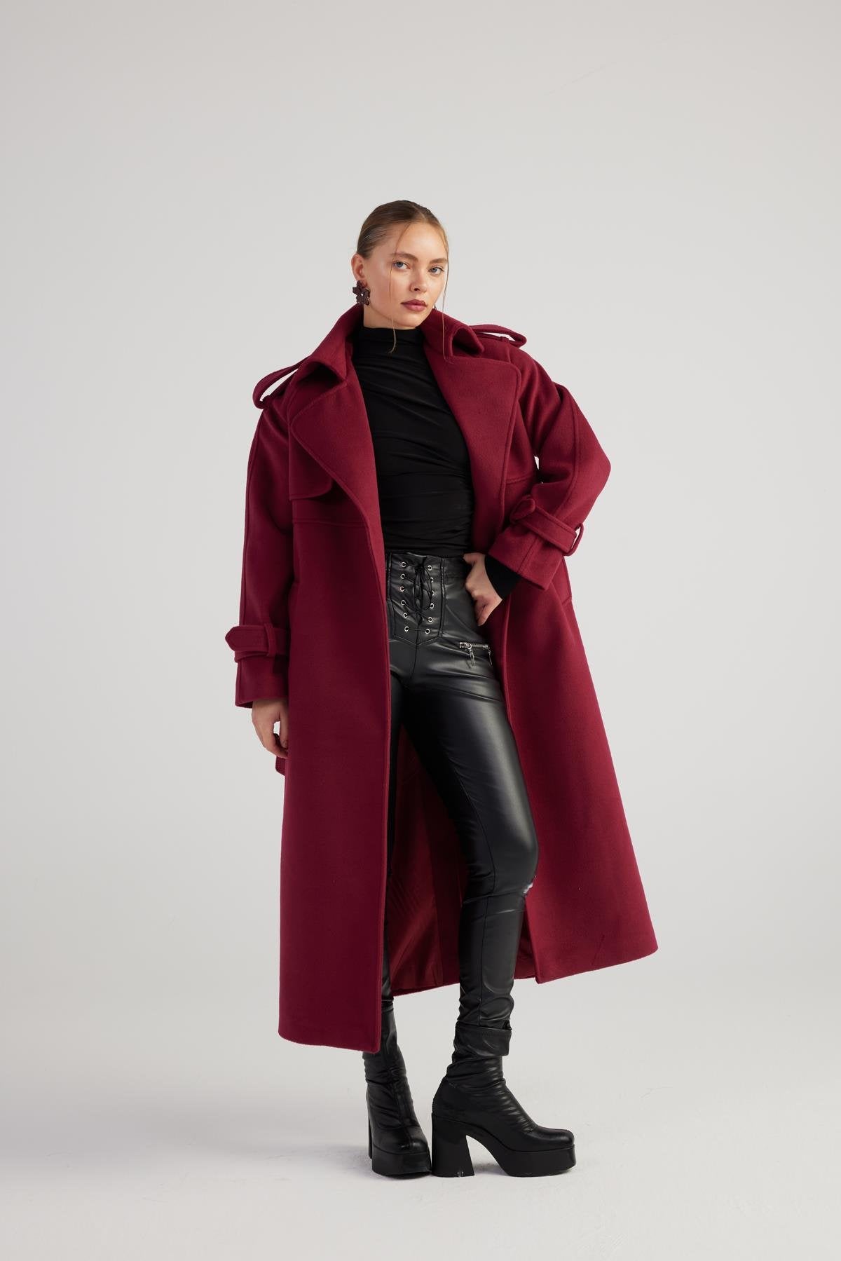 Nora Burgundy Cashmere Blend Maxi Coat-Trench Coats-Buy Me Fur Ltd-Burgundy-M-Polyester - Rayon Blend-Urbanheer