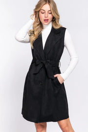 Notched Collar Belted Faux Suede Vest BLK-black-Jacket-Active Basic | Active USA-S-Urbanheer