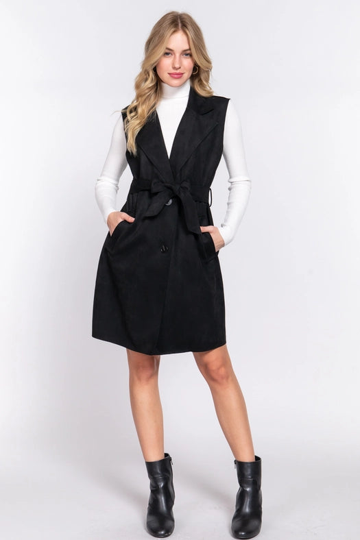 Notched Collar Belted Faux Suede Vest BLK-black-Jacket-Active Basic | Active USA-S-Urbanheer