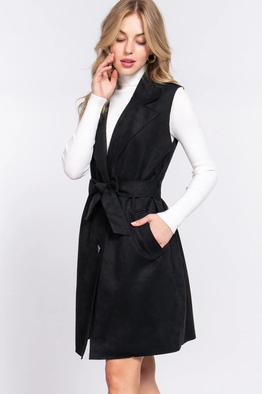 Notched Collar Belted Faux Suede Vest BLK-black-Jacket-Active Basic | Active USA-S-Urbanheer