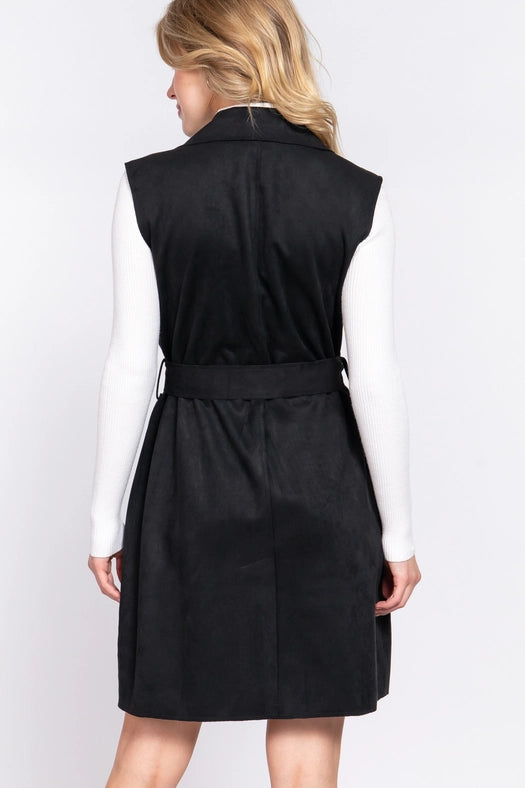 Notched Collar Belted Faux Suede Vest BLK-black-Jacket-Active Basic | Active USA-S-Urbanheer
