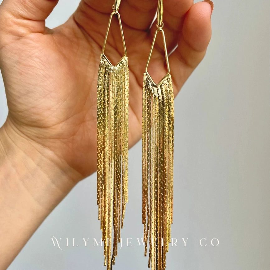 Nye | Gold Fringe Earrings | Gold Filled 5" Tassel-Earrings-WILYMI Jewelry Co-5 in (12.7 cm)-Urbanheer