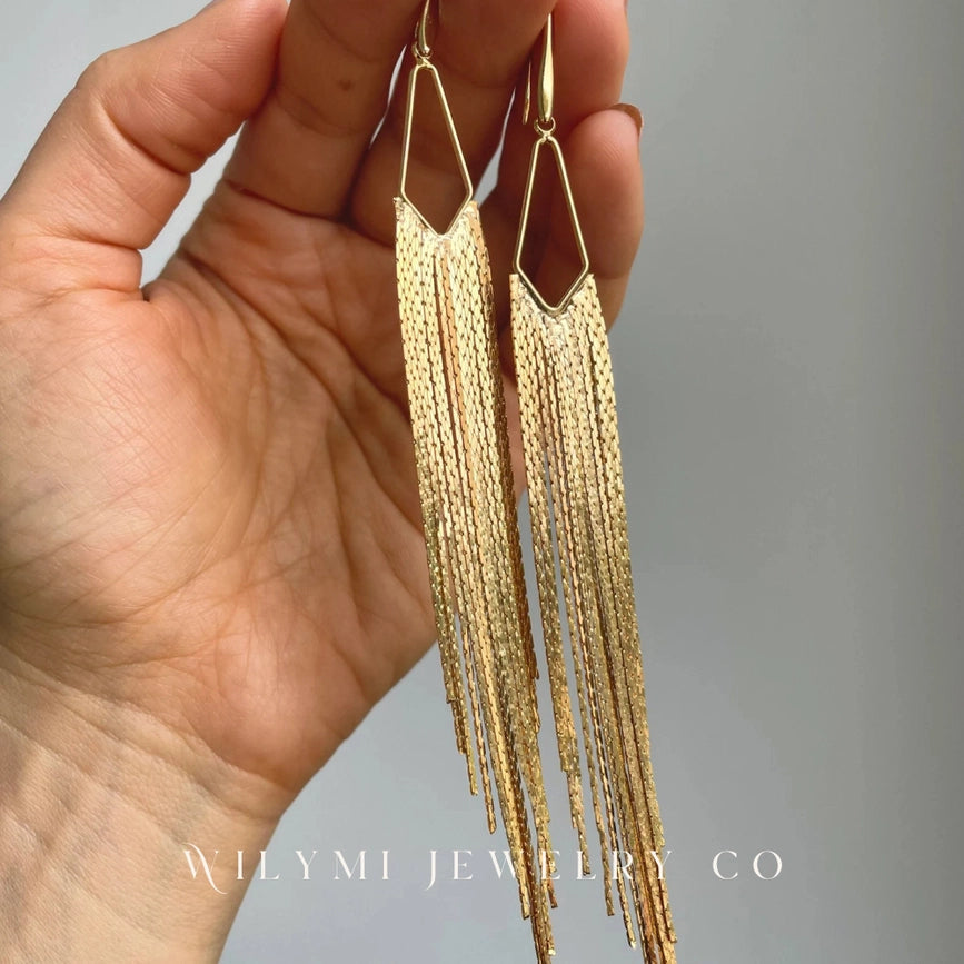 Nye | Gold Fringe Earrings | Gold Filled 5" Tassel-Earrings-WILYMI Jewelry Co-5 in (12.7 cm)-Urbanheer