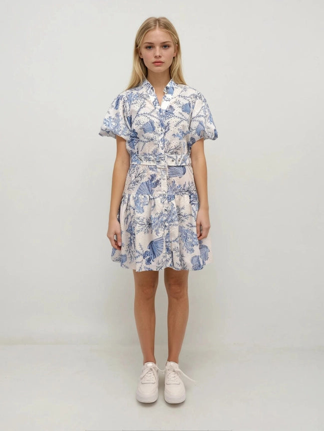 Ocean-Inspired Puff Sleeve Dress – Azure Serenity-Dress-Majestique Paris-S-Urbanheer