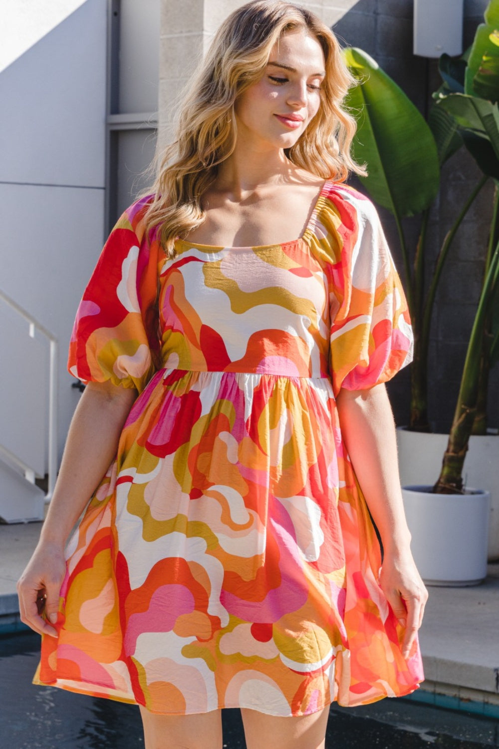 Oddi Full Size Printed Tied Back Short Sleeve Mini Dress-Street 360-Peach Multi-S-Urbanheer