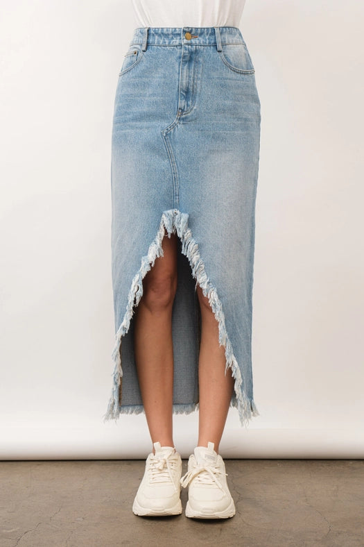 Off Kilter Elastic Back Waist Denim Skirt LIGHT WASH-Skirt-Blue B-S-LIGHT WASH-Urbanheer