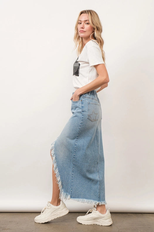 Off Kilter Elastic Back Waist Denim Skirt LIGHT WASH-Skirt-Blue B-S-LIGHT WASH-Urbanheer