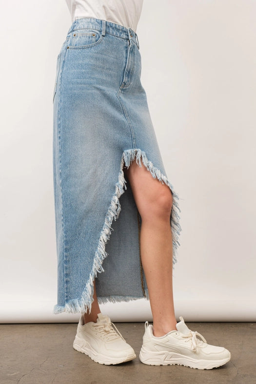 Off Kilter Elastic Back Waist Denim Skirt LIGHT WASH-Skirt-Blue B-S-LIGHT WASH-Urbanheer