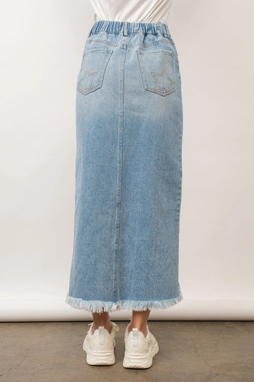 Off Kilter Elastic Back Waist Denim Skirt LIGHT WASH-Skirt-Blue B-S-LIGHT WASH-Urbanheer
