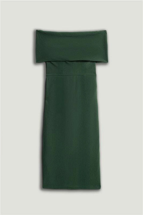 Off-Shoulder Foldover Column Midi Dress